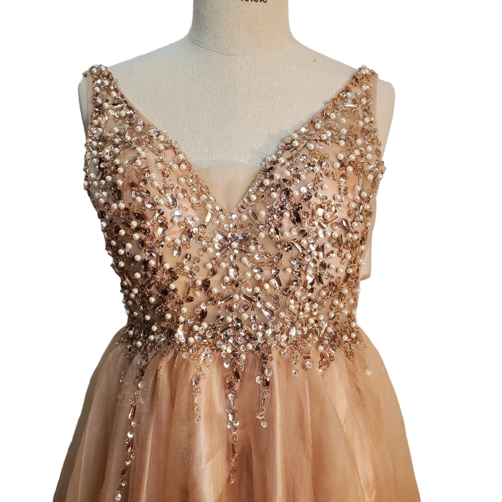 Nox Anabel Pearl, Sequin Rhinestone Blush Pink Formal Tulle Skirt Dress Size XS